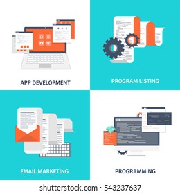 Vector illustration. Flat background. Coding, programming. SEO. Search engine optimization. App development, creation. Software, program code. Web design.