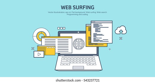 Vector illustration. Flat background. Coding, programming. SEO. Search engine optimization. App development, creation. Software, program code. Web design.