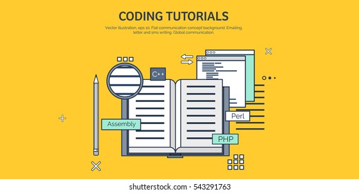 Vector illustration. Flat background. Coding, programming. SEO. Search engine optimization. App development, creation. Software, program code. Web design.