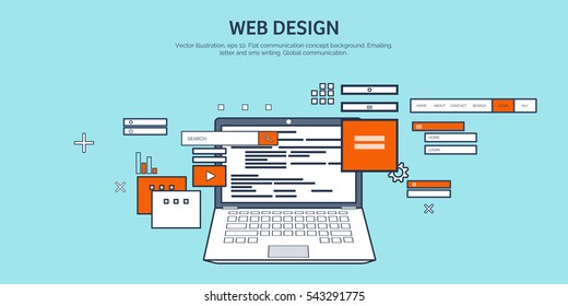 Vector illustration. Flat background. Coding, programming. SEO. Search engine optimization. App development, creation. Software, program code. Web design.