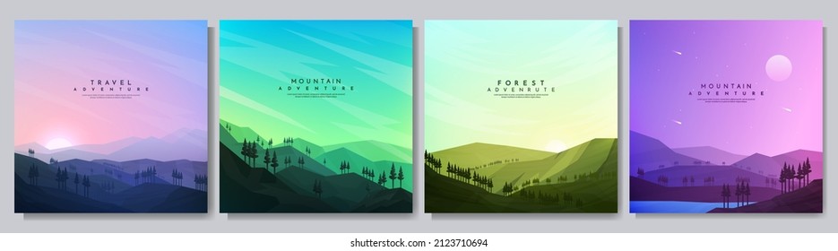 Ilustración vectorial. Colección de fondo plano. Estilo minimalista. Vistas a la montaña, árboles forestales. Concepto poligonal geométrico. Diseño para banner web, plantilla de medios sociales. Cielo nublado. Paisaje de los bosques