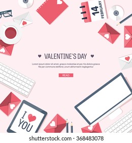 Vector illustration. Flat background with computer, laptop. Love, hearts. Valentines day. Be my valentine. 14 february.  Message.