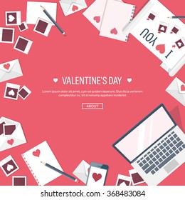 Vector illustration. Flat background with computer, laptop. Love, hearts. Valentines day. Be my valentine. 14 february.  Message.