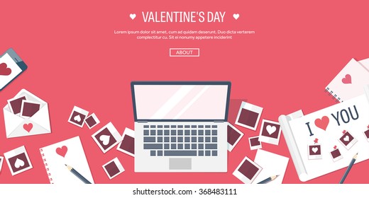Vector illustration. Flat background with computer, laptop. Love, hearts. Valentines day. Be my valentine. 14 february.  Message.