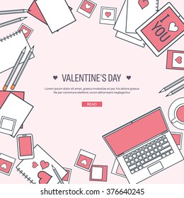 Vector illustration. Flat background with computer, laptop. Love, hearts. Valentines day. Be my valentine. 14 february.  Message.