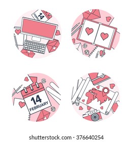 Vector illustration. Flat background with computer, laptop, calendar, map, book. Love, hearts. Valentines day. Be my valentine. 14 february.  Message.