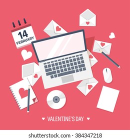 Vector illustration. Flat background with computer, laptop. Love, hearts. Valentines day. Be my valentine. 14 february.  Message.