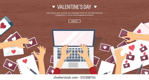 Vector illustration. Flat background with computer, laptop. Love, hearts. Valentines day. Be my valentine. 14 february.  Message.