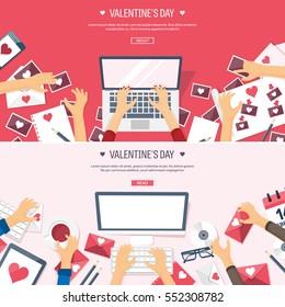 Vector illustration. Flat background with computer, laptop. Love, hearts. Valentines day. Be my valentine. 14 february.  Message.