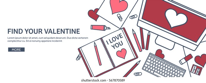 Vector illustration. Flat background with computer, laptop. Love, hearts. Valentines day. Be my valentine. 14 february.  Message.