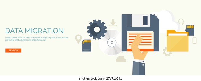 Vector Illustration. Flat Background. Computing, Cloud Technology. Data Migration. 