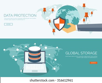 Vector illustration. Flat background. Database, server. Information transfer and protection. Global storage. Security. 