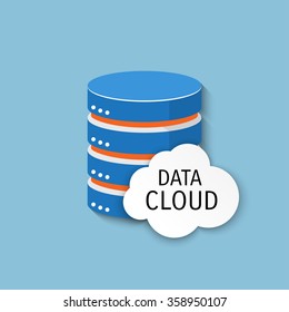 Vector illustration. Flat background. Database, server, information transfer. Global storage.
