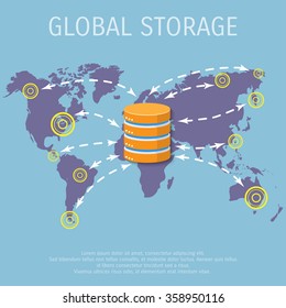 Vector illustration. Flat background. Database, server, information transfer. Global storage.