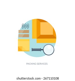 Vector illustration. Flat background. Delivery and package. Courier.  Loupe, sticky notes. Packaging. 