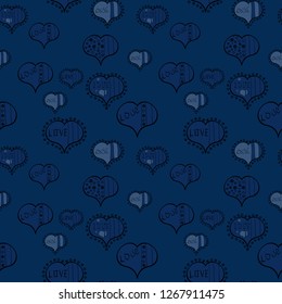 Vector illustration. Flat background for design. Wrapping paper. Baby background with colorful hearts. Sketch heart elements on blue, gray and black colors. Hearts seamless pattern. Valentine':s day.