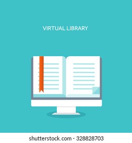 Vector illustration. Flat background. Distance education and learning. Online courses and web school. Knowledge and information. Study process. E-learning.