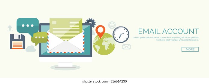 Vector illustration. Flat background. Emailing and communication. Chatting, messaging. New message, sms. Laptop with envelope, earth globe.