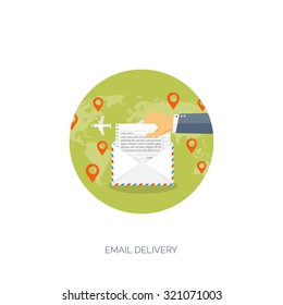 Vector illustration. Flat background. Envelope. International communication. Business correspondence and private messages. Express delivery. Postal services. Chatting.