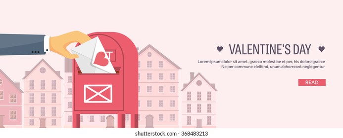 Vector illustration. Flat background with envelope. Love, hearts. Valentines day. Be my valentine. 14 february.  Message.