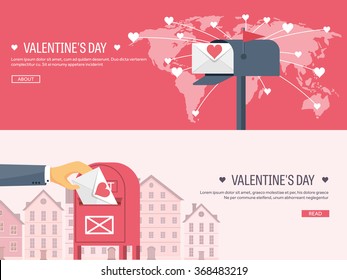 Vector illustration. Flat background with envelope. Love, hearts. Valentines day. Be my valentine. 14 february.  Message.