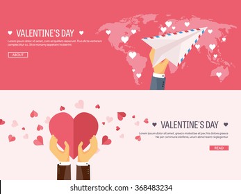 Vector illustration. Flat background with envelope, paper plane and heart in hands. Love, hearts. Valentines day. Be my valentine. 14 february.  Message.