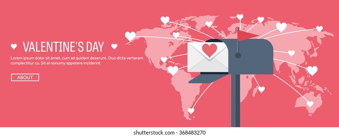 Vector illustration. Flat background with envelope. Love, hearts. Valentines day. Be my valentine. 14 february.  Message.