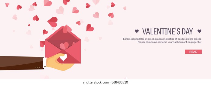 Vector illustration. Flat background with envelope. Love, hearts. Valentines day. Be my valentine. 14 february.  Message.