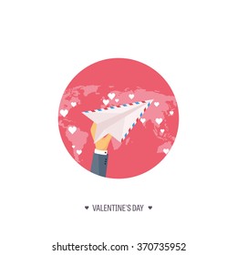 Vector illustration. Flat background with envelope, paper plane. Love, hearts. Valentines day. Be my valentine. 14 february.  Message.