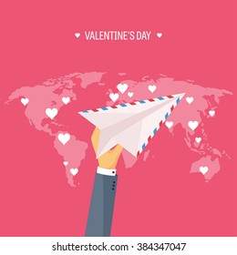 Vector illustration. Flat background with envelope, paper plane. Love, hearts. Valentines day. Be my valentine. 14 february.  Message.