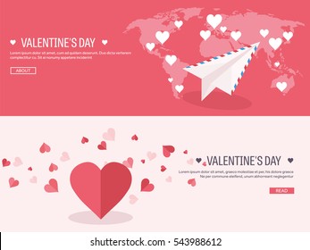 Vector illustration. Flat background with envelope, paper plane and heart in hands. Love, hearts. Valentines day. Be my valentine. 14 february. Message.