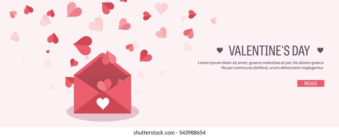 Vector illustration. Flat background with envelope. Love, hearts. Valentines day. Be my valentine. 14 february. Message.