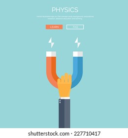 Vector illustration. Flat background with hand and magnet. Physics.Vector illustration. Flat background with hand and