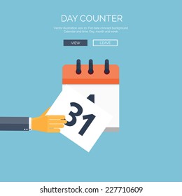 Vector illustration. Flat background with hand and calendar. Time and date. 31 december. New year.