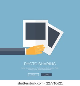 Vector illustration. Flat background with hand and photos. Travel. Selfie and images sharing.