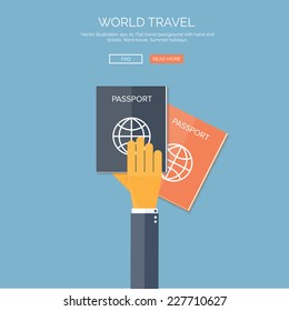 Vector illustration. Flat background with hand and passports. Travel. Summer holidays.