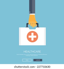 Vector illustration. Flat background with hand and medical bag. Healthcare and first aid kit. Diagnostics.