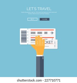 Vector illustration. Flat background with hand and tickets. Travel by plane.