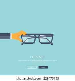 Vector illustration. Flat background with hand and glasses. Lets see. Eye care and protection.