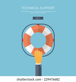 Vector illustration. Flat background with hand and lifebuoy.  Technical support concept. Online help.