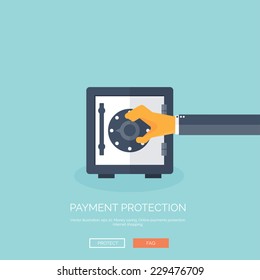 Vector illustration. Flat background with hand and bank deposit. Save money. Online shopping.  Money making.