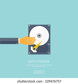 Vector illustration. Flat background with hand and hard drive. Information transfer. Web storage concept background. Cloud computing.