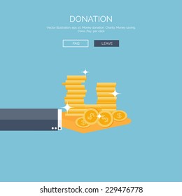 Vector illustration. Flat background with hand and money. Money making and saving. Pay per click and online shopping.