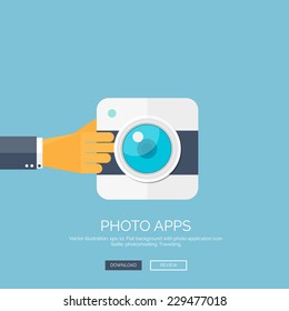 Vector illustration. Flat background with hand and photo camera application icon. Take a shot. Photography. App.