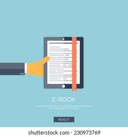 Vector illustration. Flat background with hand and e-book 