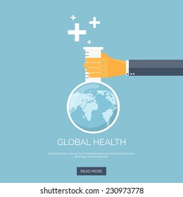Vector Illustration. Flat Background With Hand And Flask. Globe. Global Health Concept Background.