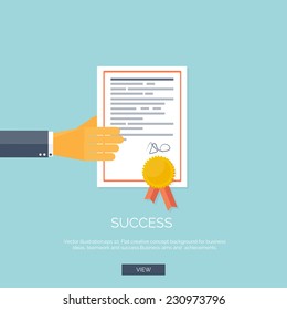 Vector illustration. Flat background with hand and winners certificate. Business award.