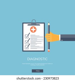 Vector illustration. Flat background with hand and medical report. First aid, diagnostic.