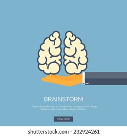 Vector illustration. Flat background with hand and brains. Brainstorm, teamwork. Creative vision.