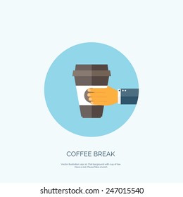 Vector illustration. Flat background with hand and coffee paper cup. 
